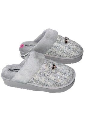 NEW  Karl Lagerfeld Tweed Slippers with Gold Stars Iconic Karl Patch 11